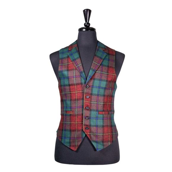 Mens Vest 40R Wool Tartan Plaid Green Red Waistcoat Formal Wedding Groom Party - Picture 1 of 9